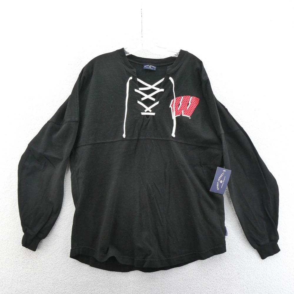 Spirit Jersey Shirt Women Medium Wisconsin Badgers Black Lace Up Cotton Long Slv
